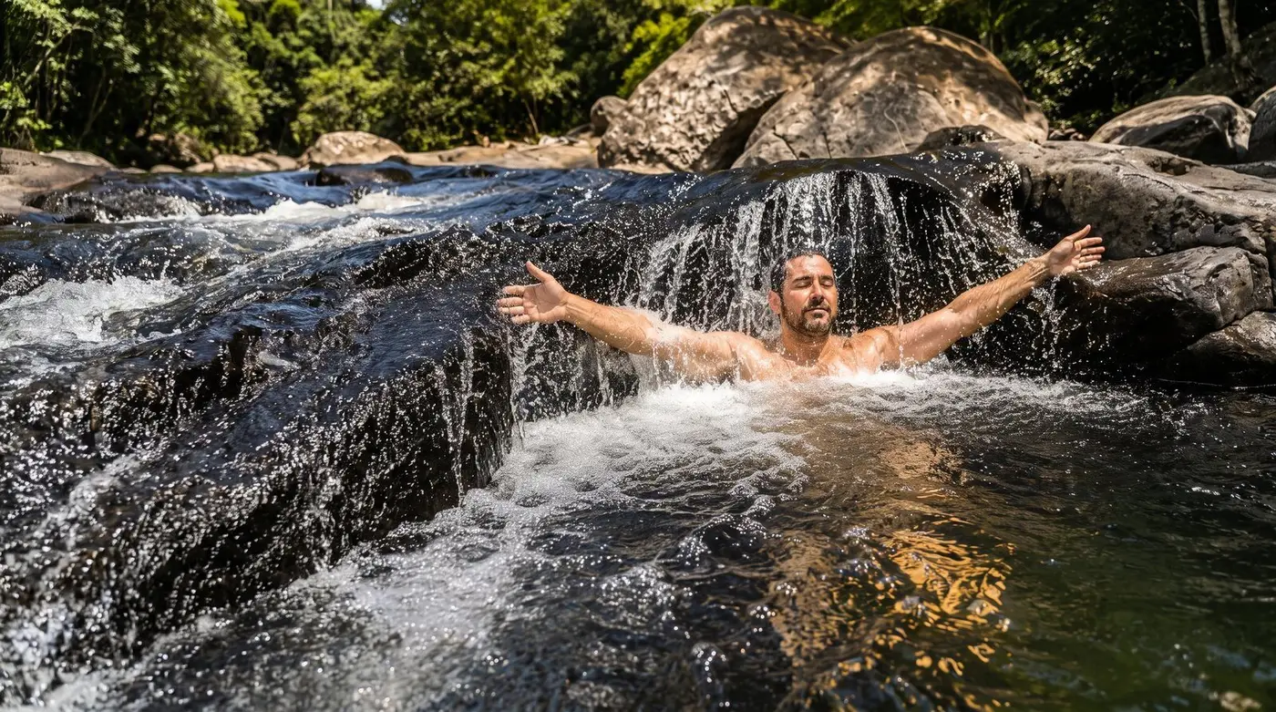 Hóspede em rio entre as pedras da mata