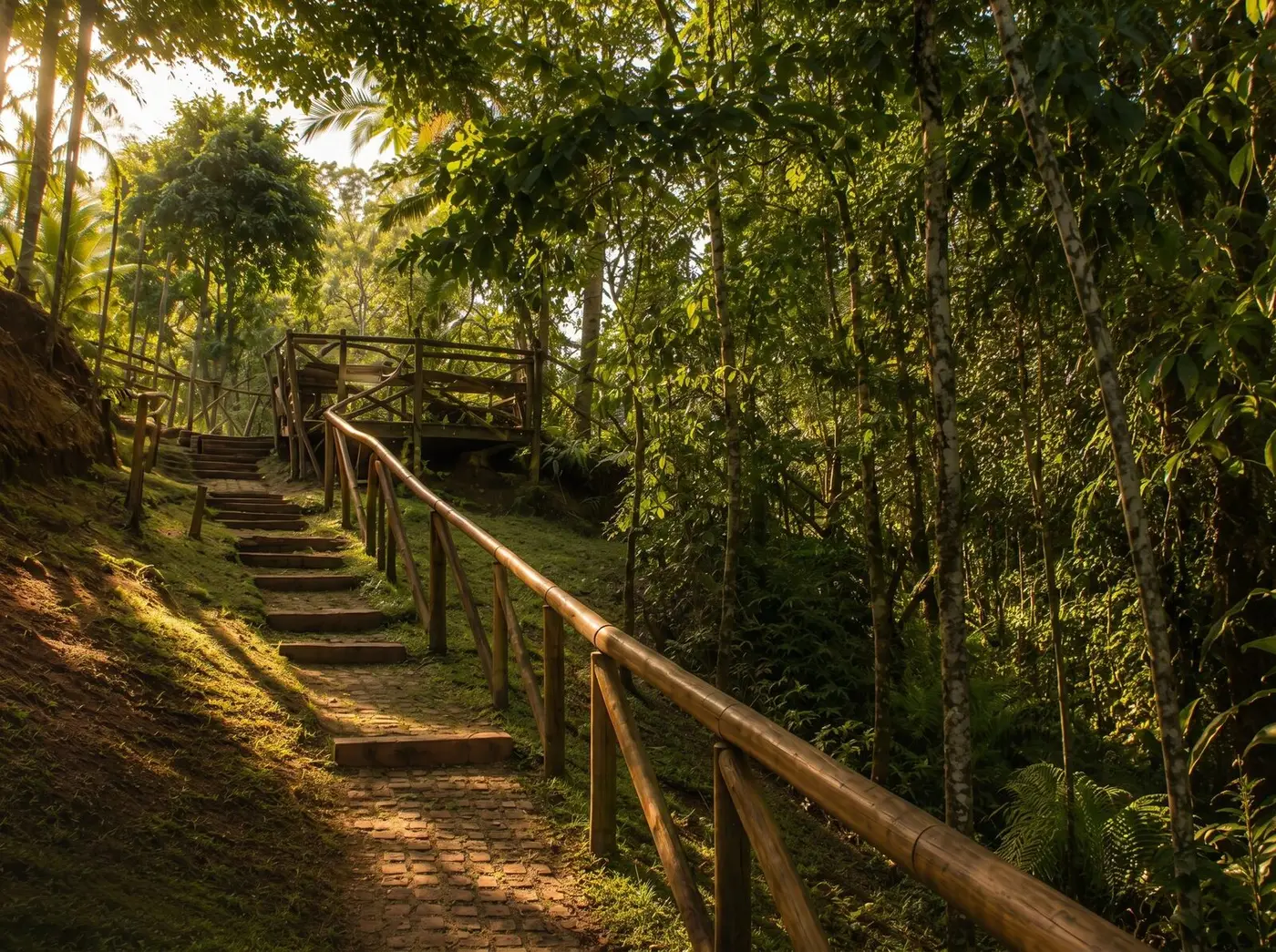 Trilha com escada de madeira na Mata Atlântica
