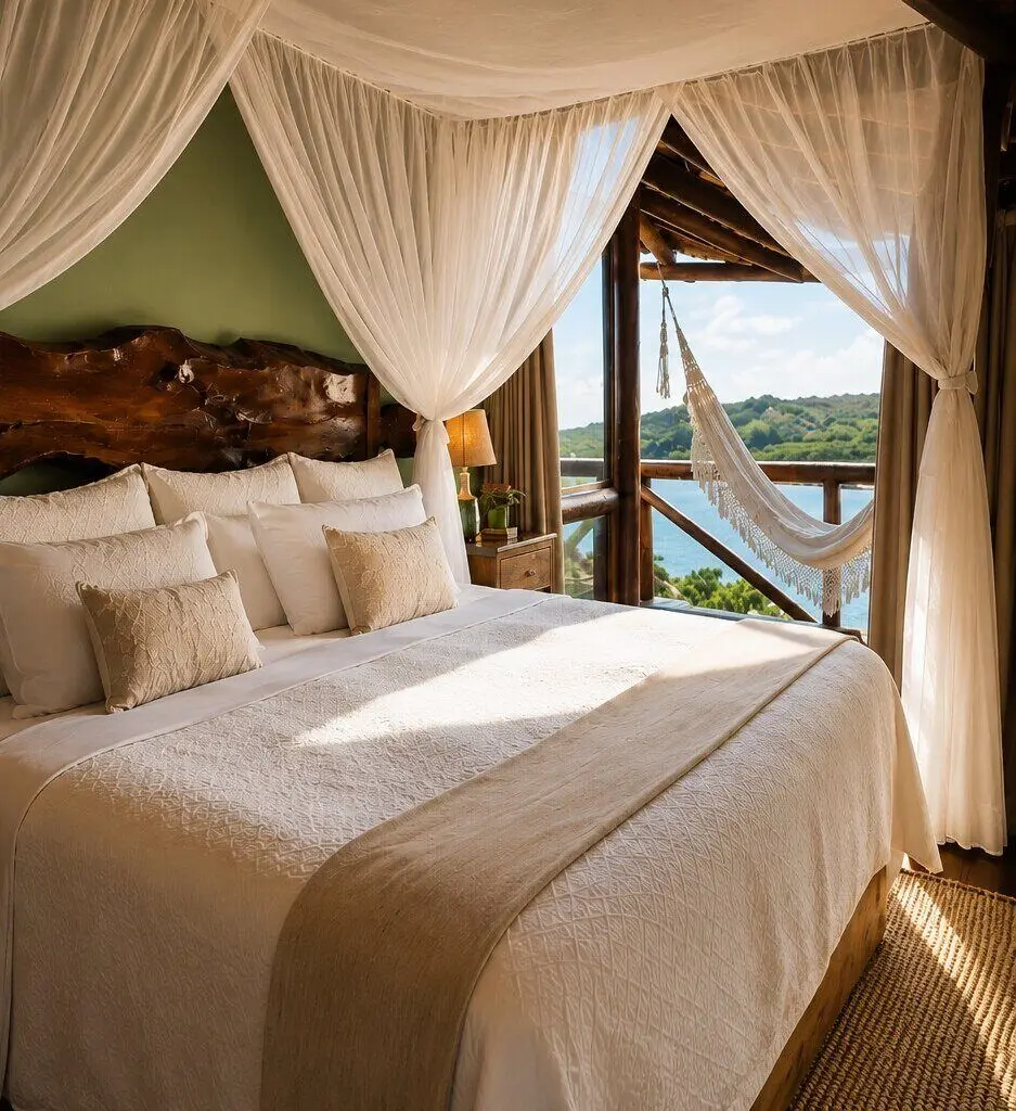 Suíte com cama de dossel e vista para a varanda