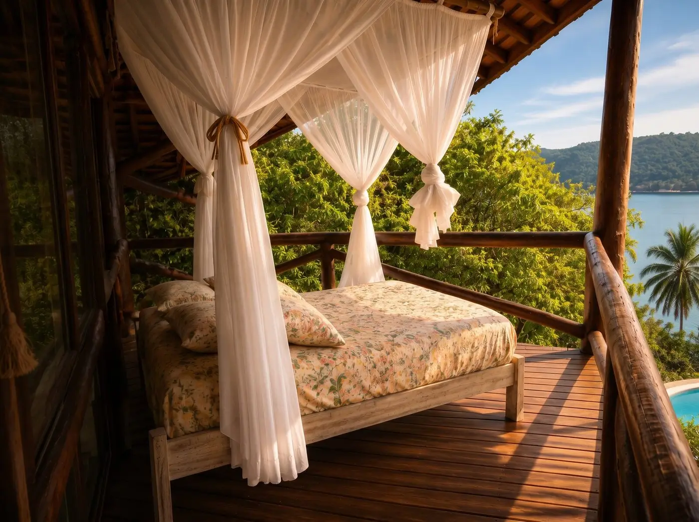 Cama com dossel na varanda de madeira, com vista para o mar