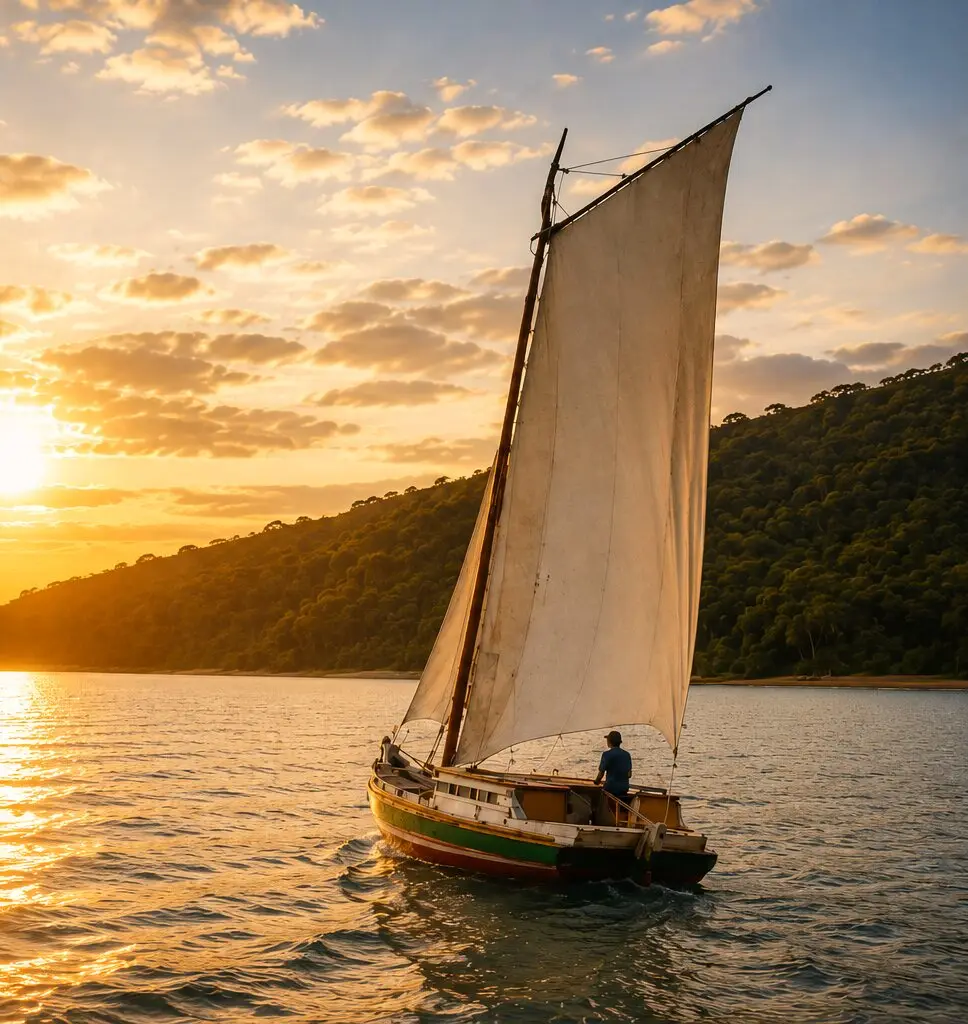 Saveiro navegando pela Baía de Todos os Santos ao pôr do sol