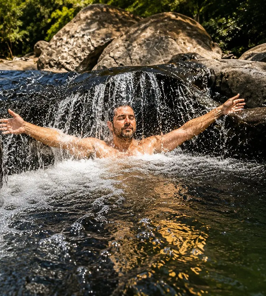 Banho de rio entre as pedras da mata